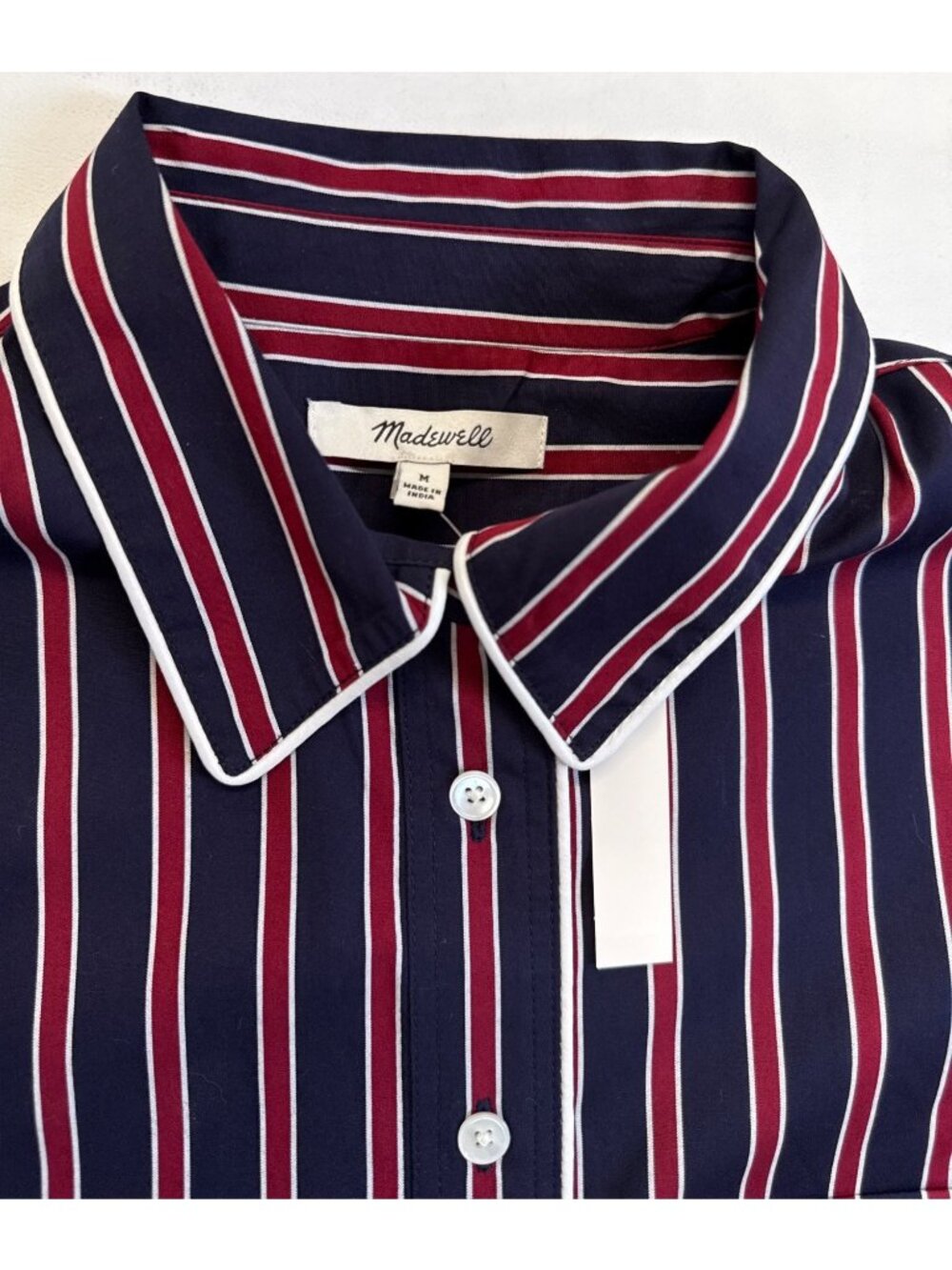 Madewell Long Button-Up Shirt in Stripe Poplin~Size M~Red Navy Stripe NWT L10 27 - Picture 9 of 10